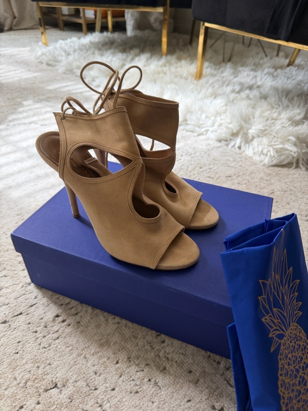 Aquazzura Tan Suede Lace-Up Open Toe Heels